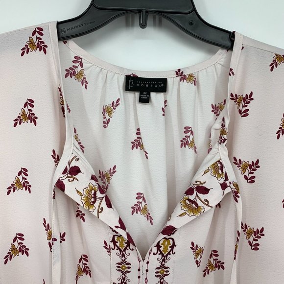 Bobeau Top Floral Print Peasant Pink Tie V Neck Long Sleeve Boho - Picture 6 of 12